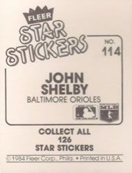 1984 Fleer Star Stickers #114 John Shelby Back