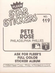 1984 Fleer Star Stickers #119 Pete Rose Back