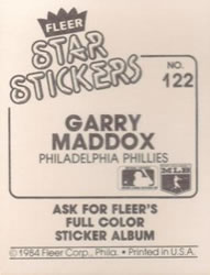 1984 Fleer Star Stickers #122 Garry Maddox Back