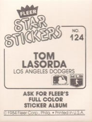 1984 Fleer Star Stickers #124 Tom Lasorda Back