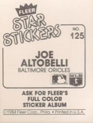 1984 Fleer Star Stickers #125 Joe Altobelli Back