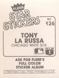 1984 Fleer Star Stickers #126 Tony La Russa Back