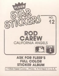 1984 Fleer Star Stickers #12 Rod Carew Back