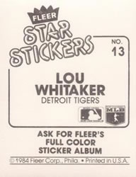 1984 Fleer Star Stickers #13 Lou Whitaker Back