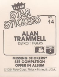 1984 Fleer Star Stickers #14 Alan Trammell Back