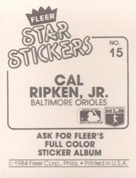 1984 Fleer Star Stickers #15 Cal Ripken, Jr. Back