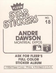 1984 Fleer Star Stickers #18 Andre Dawson Back