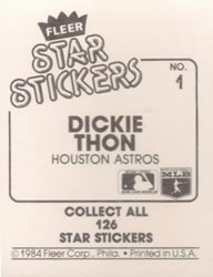 1984 Fleer Star Stickers #1 Dickie Thon Back