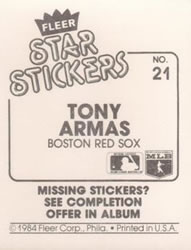 1984 Fleer Star Stickers #21 Tony Armas Back