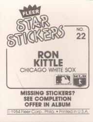 1984 Fleer Star Stickers #22 Ron Kittle Back