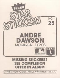 1984 Fleer Star Stickers #25 Andre Dawson Back