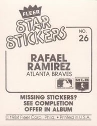 1984 Fleer Star Stickers #26 Rafael Ramirez Back