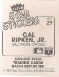 1984 Fleer Star Stickers #29 Cal Ripken, Jr. Back