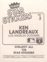 1984 Fleer Star Stickers #2 Ken Landreaux Back
