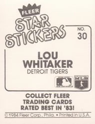 1984 Fleer Star Stickers #30 Lou Whitaker Back
