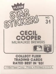 1984 Fleer Star Stickers #31 Cecil Cooper Back