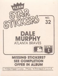 1984 Fleer Star Stickers #32 Dale Murphy Back