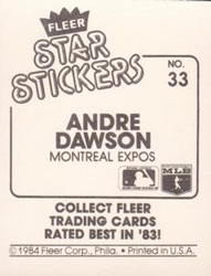 1984 Fleer Star Stickers #33 Andre Dawson Back