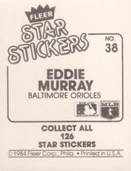 1984 Fleer Star Stickers #38 Eddie Murray Back