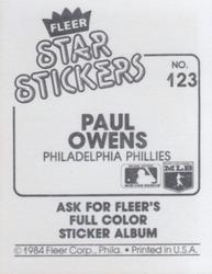 1984 Fleer Star Stickers #123 Paul Owens Back