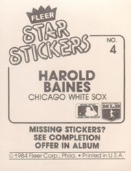 1984 Fleer Star Stickers #4 Harold Baines Back