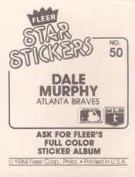 1984 Fleer Star Stickers #50 Dale Murphy Back