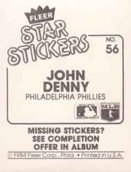1984 Fleer Star Stickers #56 John Denny Back