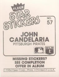 1984 Fleer Star Stickers #57 John Candelaria Back