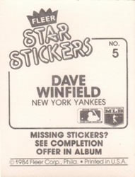 1984 Fleer Star Stickers #5 Dave Winfield Back