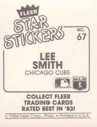 1984 Fleer Star Stickers #67 Lee Smith Back