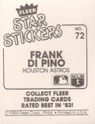 1984 Fleer Star Stickers #72 Frank DiPino Back