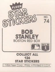 1984 Fleer Star Stickers #74 Bob Stanley Back