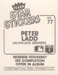 1984 Fleer Star Stickers #77 Peter Ladd Back