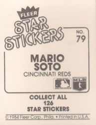 1984 Fleer Star Stickers #79 Mario Soto Back