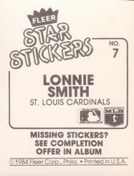 1984 Fleer Star Stickers #7 Lonnie Smith Back