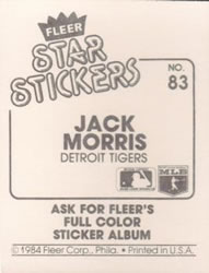 1984 Fleer Star Stickers #83 Jack Morris Back