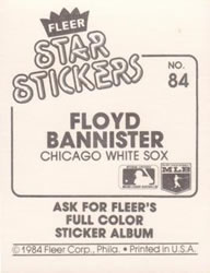 1984 Fleer Star Stickers #84 Floyd Bannister Back