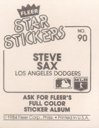 1984 Fleer Star Stickers #90 Steve Sax Back