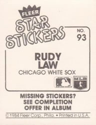 1984 Fleer Star Stickers #93 Rudy Law Back