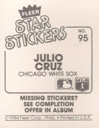 1984 Fleer Star Stickers #95 Julio Cruz Back