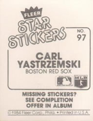 1984 Fleer Star Stickers #97 Carl Yastrzemski Back