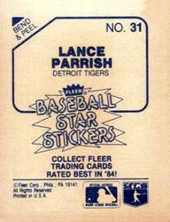 1985 Fleer Star Stickers #31 Lance Parrish Back