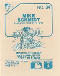 1985 Fleer Star Stickers #34 Mike Schmidt Back