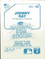 1985 Fleer Star Stickers #43 Johnny Ray Back