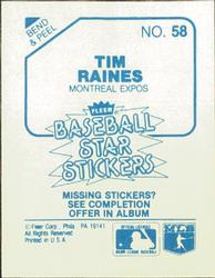1985 Fleer Star Stickers #58 Tim Raines Back