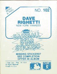 1985 Fleer Star Stickers #102 Dave Righetti Back