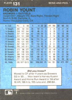 1986 Fleer Star Stickers #131 Robin Yount Back