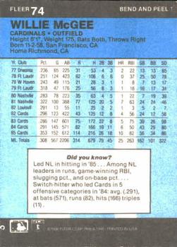 1986 Fleer Star Stickers #74 Willie McGee Back