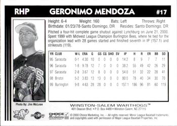 2000 Choice Winston-Salem Warthogs Update #17 Geronimo Mendoza Back