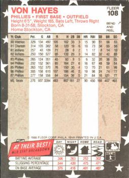 1988 Fleer Star Stickers #108 Von Hayes Back